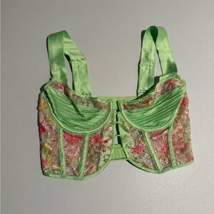 For Love & Lemons Floral Embroidered Green Bustier